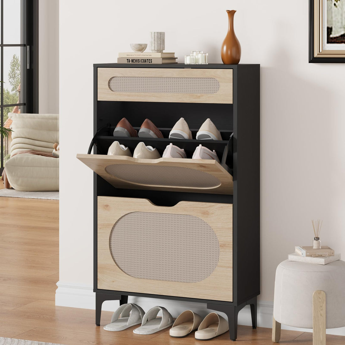 Meuble à chaussures Garvee en rotin avec 2 tiroirs pliants et 1 tiroir coulissant pour entrée et couloir, 3 étagères réglables, noir, robuste et respirant