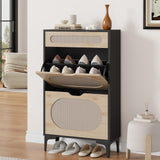 Meuble à chaussures Garvee en rotin avec 2 tiroirs pliants et 1 tiroir coulissant pour entrée et couloir, 3 étagères réglables, noir, robuste et respirant - noir