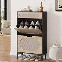 Meuble à chaussures Garvee en rotin avec 2 tiroirs pliants et 1 tiroir coulissant pour entrée et couloir, 3 étagères réglables, noir, robuste et respirant