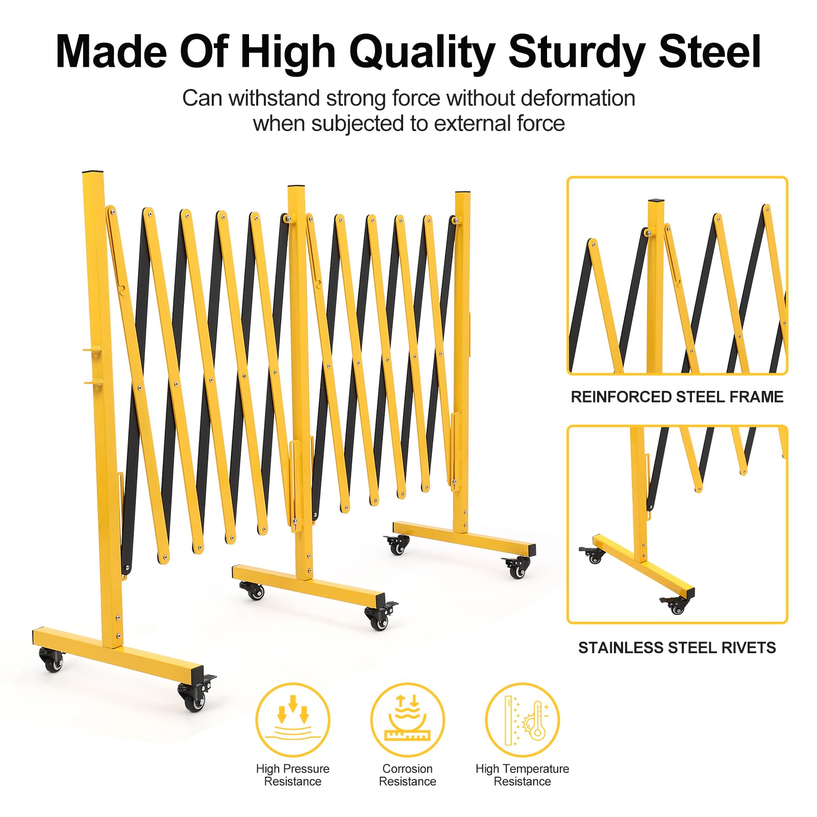Barrière métallique extensible Garvee de 4,88 m (16 pi) avec roues pour chantiers et signalisation routière, jaune et noir, flexible et facile à assembler