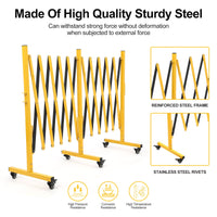 Barrière métallique extensible Garvee de 4,88 m (16 pi) avec roues pour chantiers et signalisation routière, jaune et noir, flexible et facile à assembler
