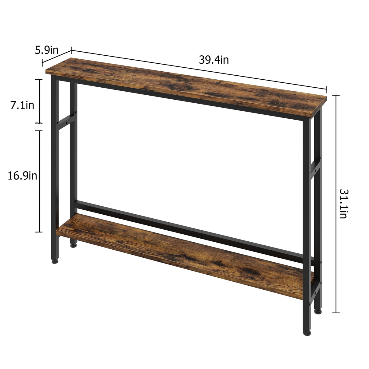 Garvee Console étroite 15 cm, table de canapé 2 niveaux avec étagère réglable, idéale salon, entrée et couloir, marron rustique
