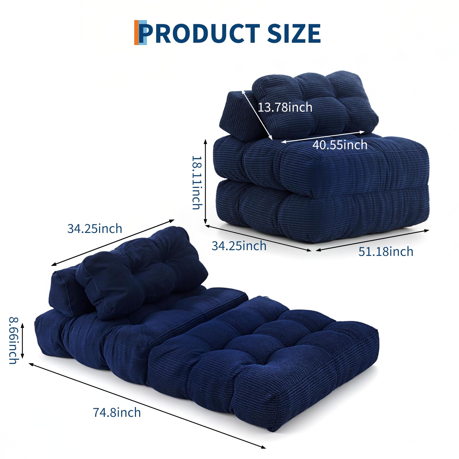 Canapé-lit 3 en 1 Garvee avec coussins et dossier pour salon et chambre, 86 cm, bleu marine, mousse confort, tissu velours côtelé