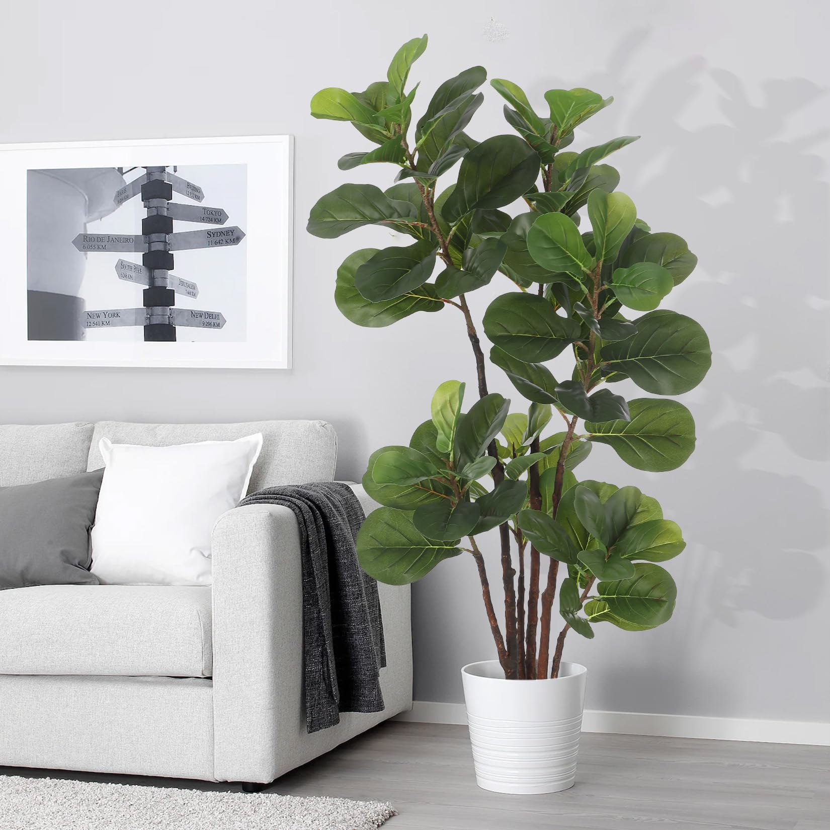 Ficus lyrata artificiel Garvee de 120 cm (4 pi) avec 72 feuilles et pot en ciment robuste, idéal pour la maison et le bureau. Entretien facile. Vert foncé.