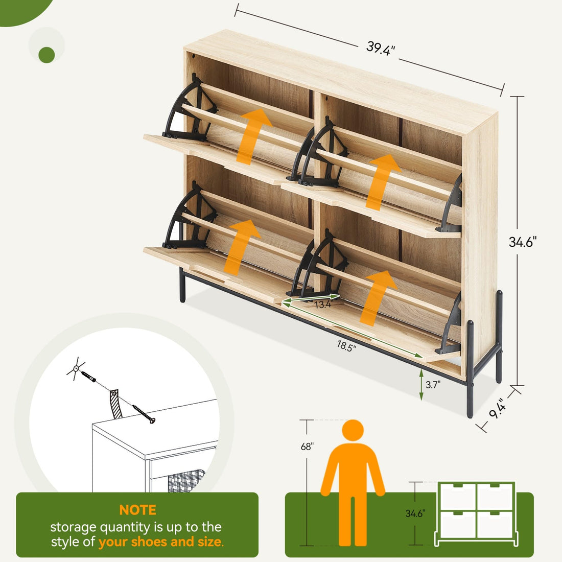 Garvee Meuble à chaussures en rougein naturel, 4 abattants réglables, pieds en métal, largeur 88cm, pour entrée et couloir