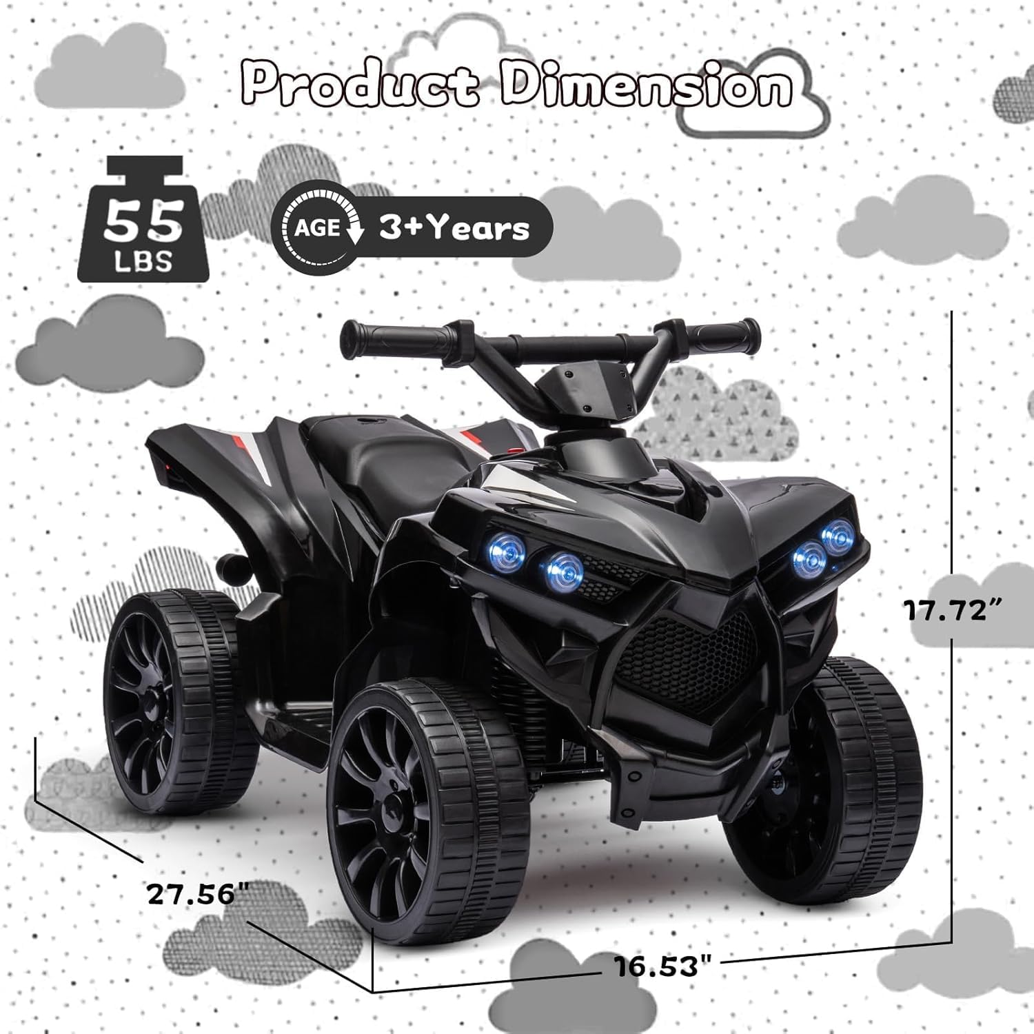 Garvee Quad électrique enfant 6 V avec éclairage LED, musique et conduite sécurisée, noir, dès 3 ans