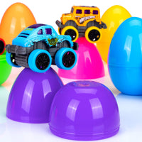 Garvee - Lot de 12 œufs de Pâques avec camions monstres à rétrofriction, motifs graffiti colorés, 7,9 cm x 5,3 cm, multicolores, idéal pour la chasse aux œufs de Pâques et les fêtes d'enfants.