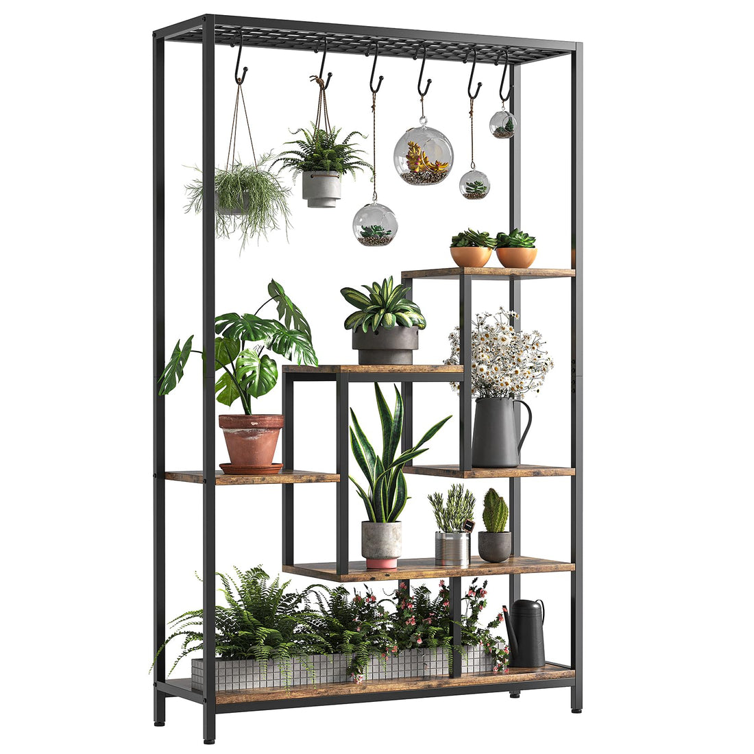 Support pour plantes d'intérieur Garvee, structure métallique à 5 niveaux avec crochets pour balcon et salon, 180 cm (70,9 pouces), marron