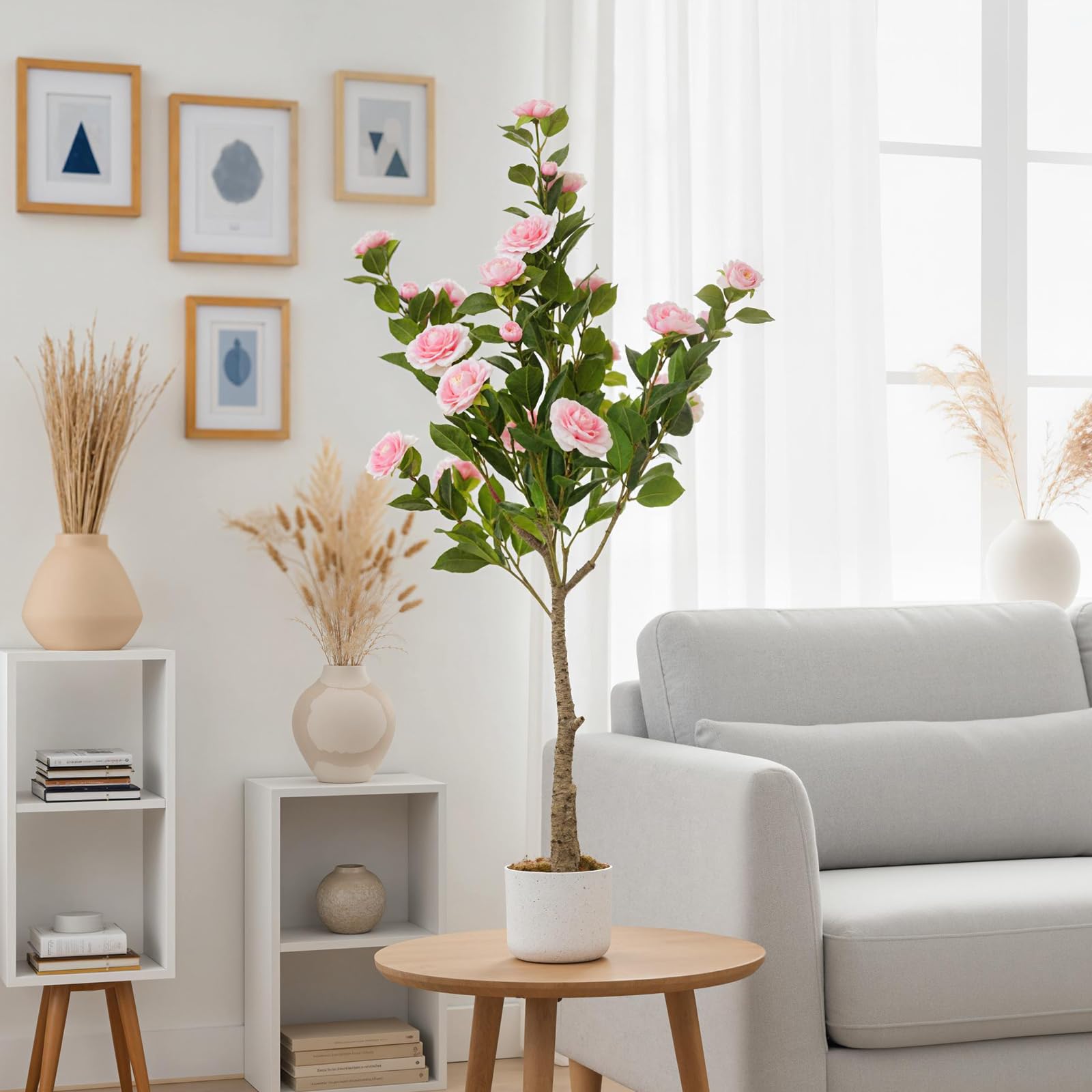 Lot de 2 camélias artificiels Garvee de 1,20 m avec pot blanc, pour l'intérieur et les espaces extérieurs couverts, réalistes et faciles d'entretien.