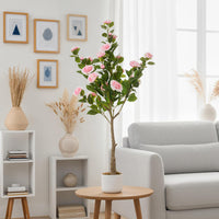 Camélia artificiel Garvee de 120 cm avec fleurs réalistes, pour l'intérieur et les espaces extérieurs couverts, pot robuste, entretien facile, polyester et PEVA, vert et blanc