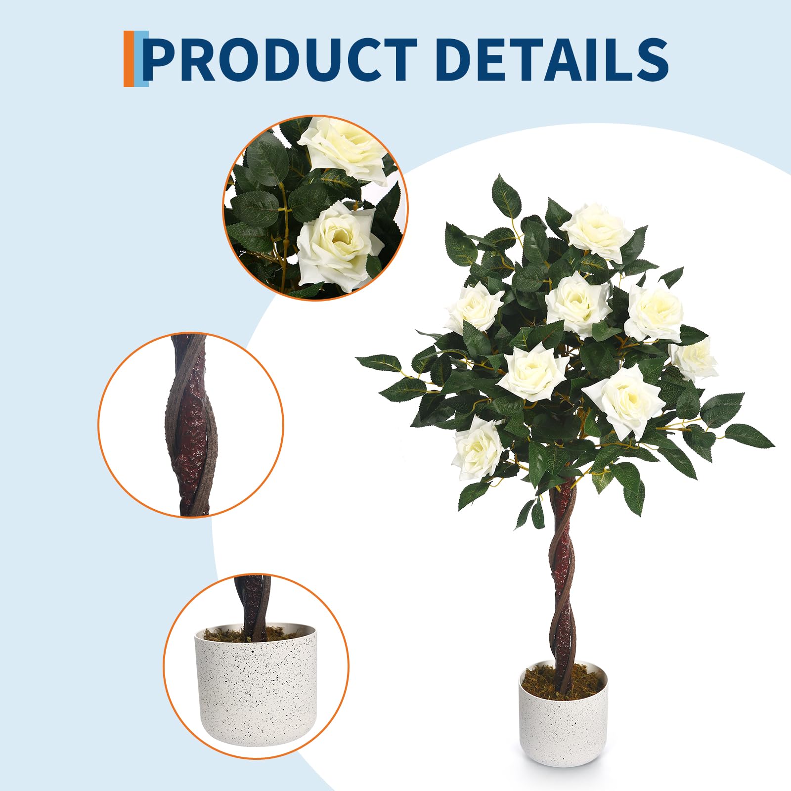 Rosier artificiel Garvee de 90 cm (lot de 2) avec roses blanches, facile d'entretien, en polyester, pot robuste pour la décoration du salon et du bureau
