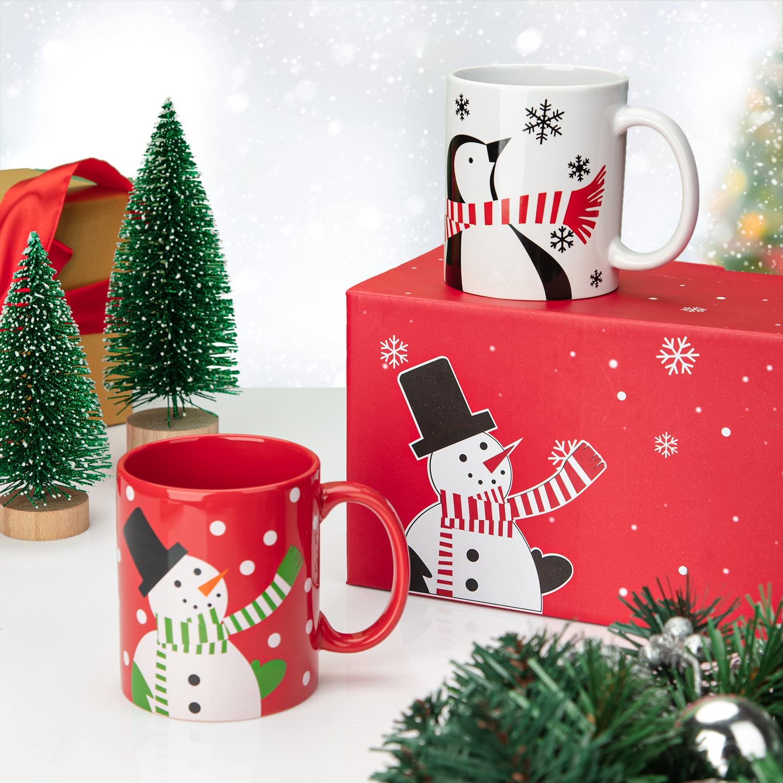 Coffret de 2 tasses de Noël Garvee, Bonhomme de neige et Pingouin, 35 cl, Céramique, Compatible micro-ondes et lave-vaisselle, Coffret cadeau, Décor festif