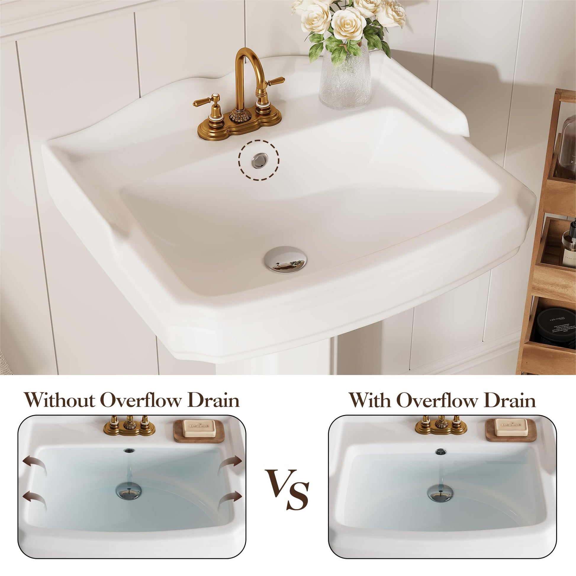 Lavabo sur pied rectangulaire en céramique Garvee 23 x 19 pouces avec robinet à 3 trous et trop-plein pour salle de bain moderne, blanc