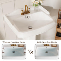 Lavabo sur pied rectangulaire en céramique Garvee 23 x 19 pouces avec robinet à 3 trous et trop-plein pour salle de bain moderne, blanc