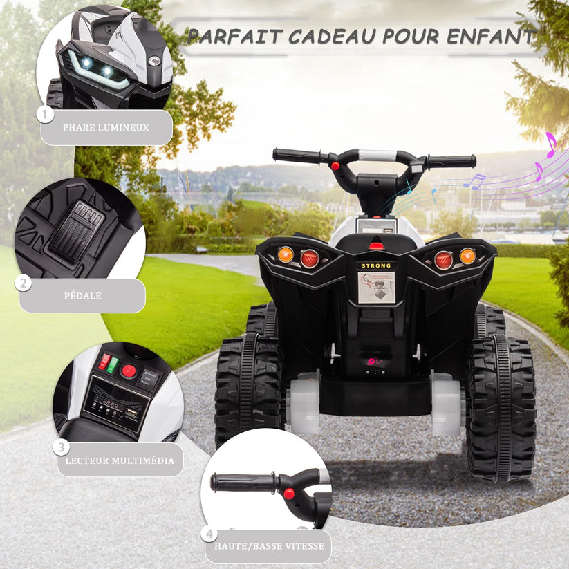 Détails fonctionnels quad enfant phares pédale multimédia