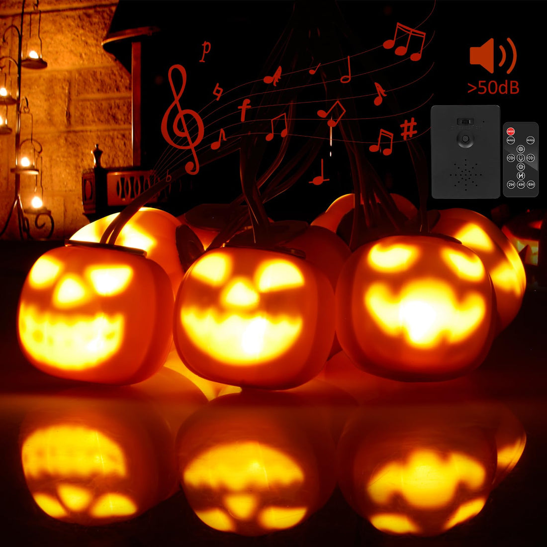 Guirlande lumineuse d'Halloween GARVEE, citrouilles animatroniques, connexion USB-C, 4,5 mètres, orange, idéale pour les fêtes et célébrations familiales en extérieur.