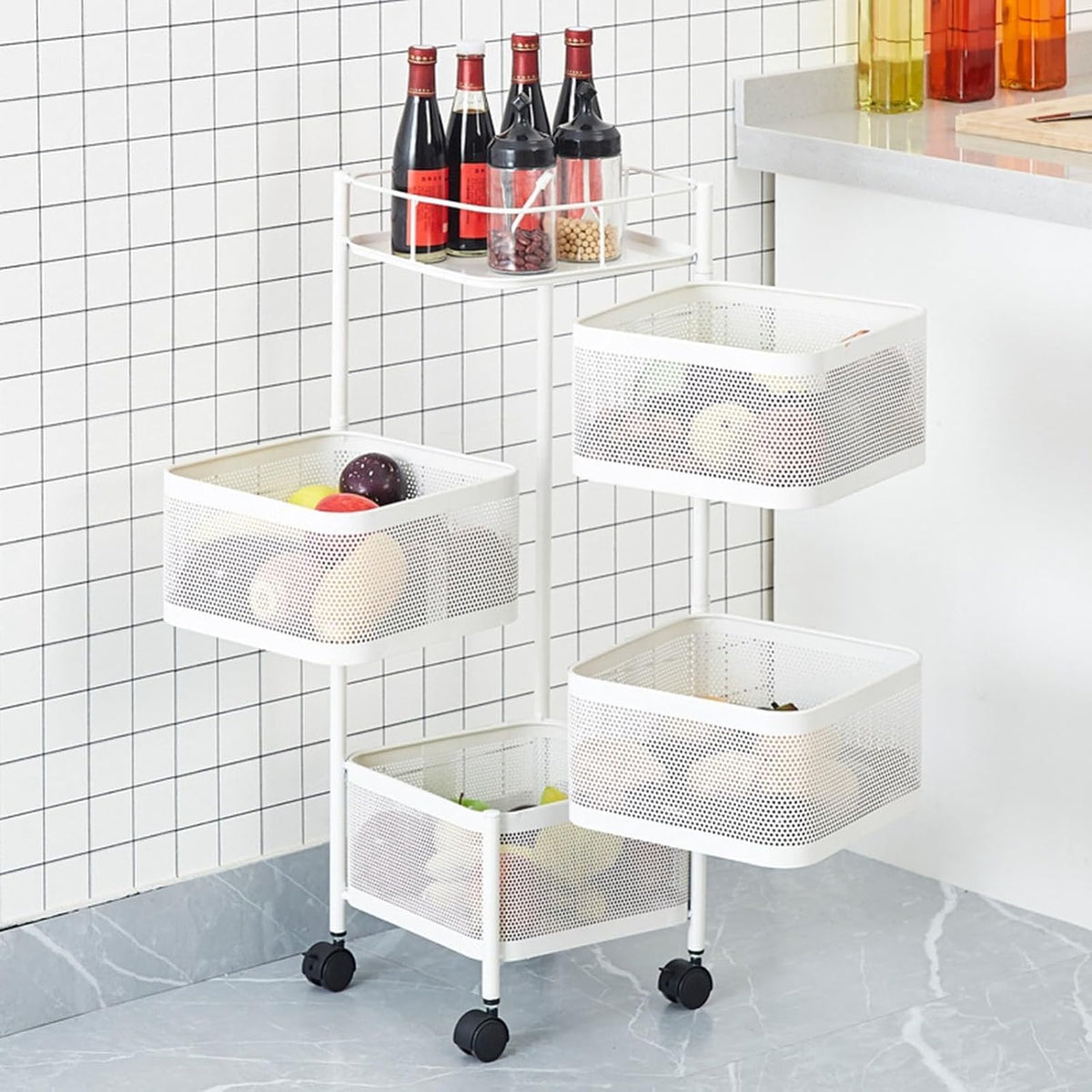 Garvee Chariot de rangement rotatif 4 niveaux en acier carbone avec roulettes, pour chambre d'enfant, cuisine et organisation des jouets