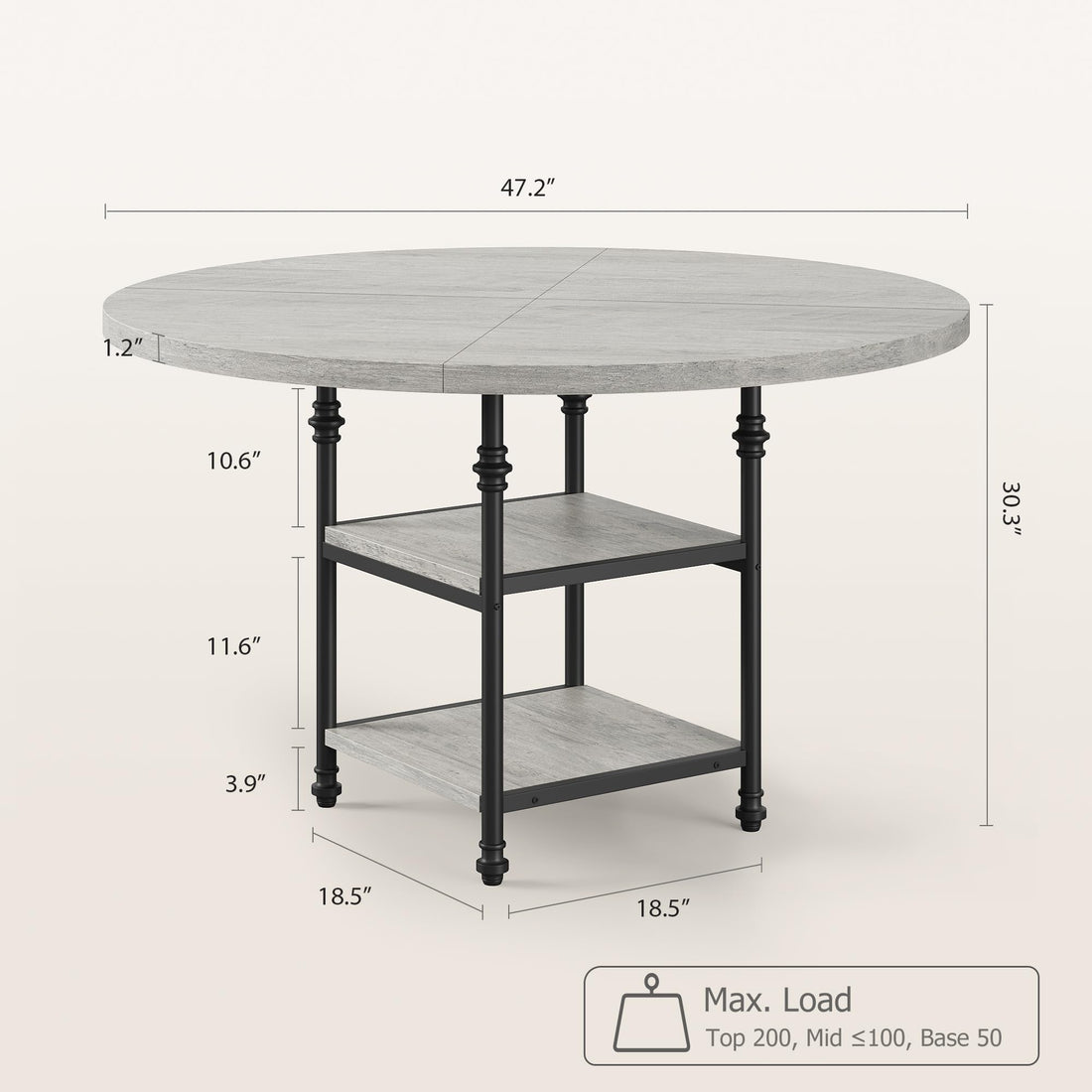 Garvee table de salle à manger ronde 119 cm pour 4 personnes, pieds en métal style romain, étagère à 2 niveaux, pieds réglables, gris rustique, cuisine et salle à manger
