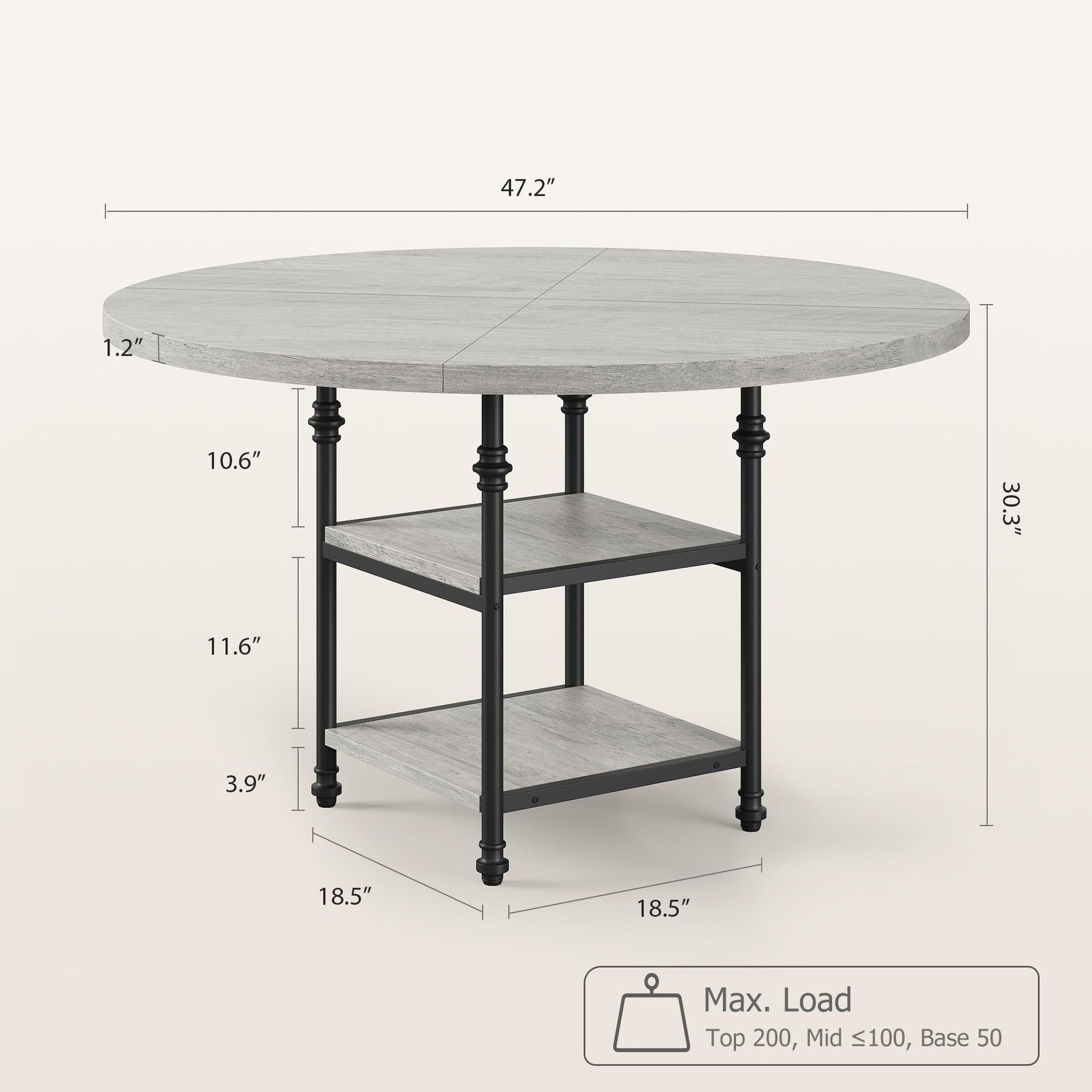 Table de salle à manger ronde Garvee 47 pouces pour 4 personnes, pieds en métal style romain, étagère à 2 niveaux, pieds réglables, gris rustique, cuisine et salle à manger