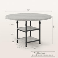 Table de salle à manger ronde Garvee 47 pouces pour 4 personnes, pieds en métal style romain, étagère à 2 niveaux, pieds réglables, gris rustique, cuisine et salle à manger