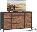 Garvee Commode avec 10 tiroirs, prise électrique intégrée, meuble multifonctionnel pour chambre et salon - Buffet robuste et durable, 120 × 40 × 70 cm - Brun