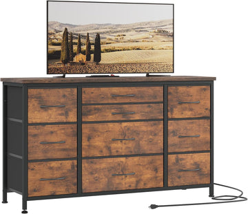 Garvee Commode avec 10 tiroirs, prise électrique intégrée, meuble multifonctionnel pour chambre et salon - Buffet robuste et durable, 120 × 40 × 70 cm