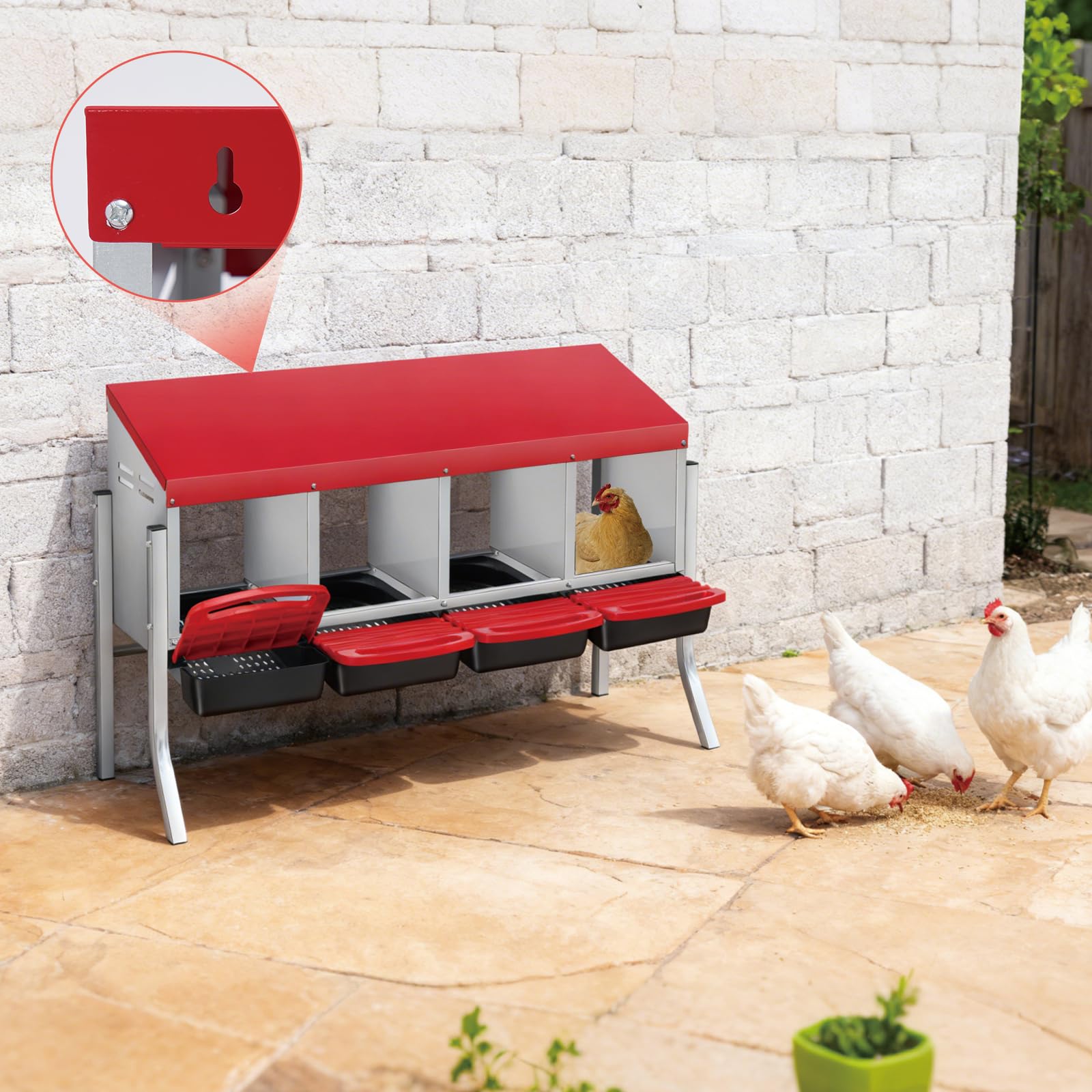 Garvee Nichoir pour Poules 4 Compartiments avec Support, Métal Galvanisé au Zinc avec Poignée en Plastique, Plateau Amovible, Rouge