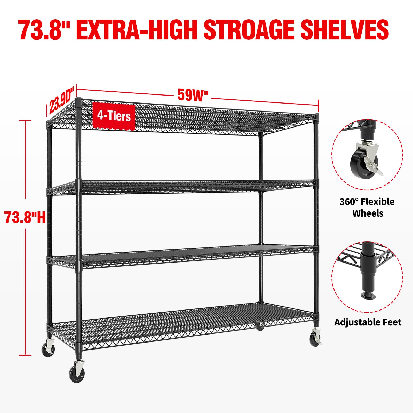 Étagère de rangement robuste Garvee 73 po H, 1200 kg (2640 lb), avec roulettes et pieds, pour garage et cuisine, réglable, en acier au carbone, 4 niveaux, noire