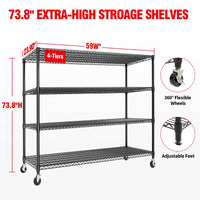 Étagère de rangement robuste Garvee 73 po H, 1200 kg (2640 lb), avec roulettes et pieds, pour garage et cuisine, réglable, en acier au carbone, 4 niveaux, noire