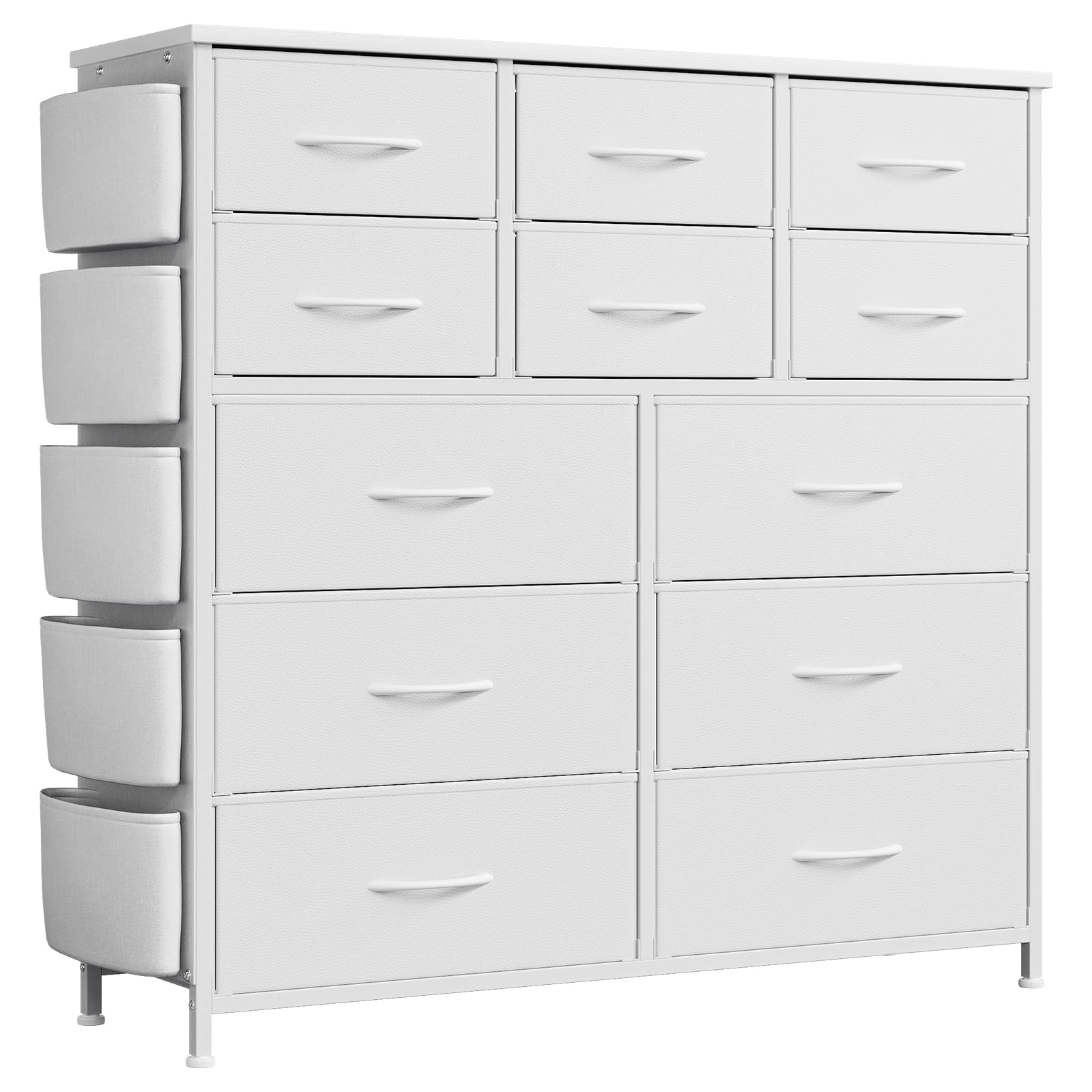 Commode Garvee blanche à 12 tiroirs en tissu avec poches latérales pour chambre et salon, robuste, légère et polyvalente