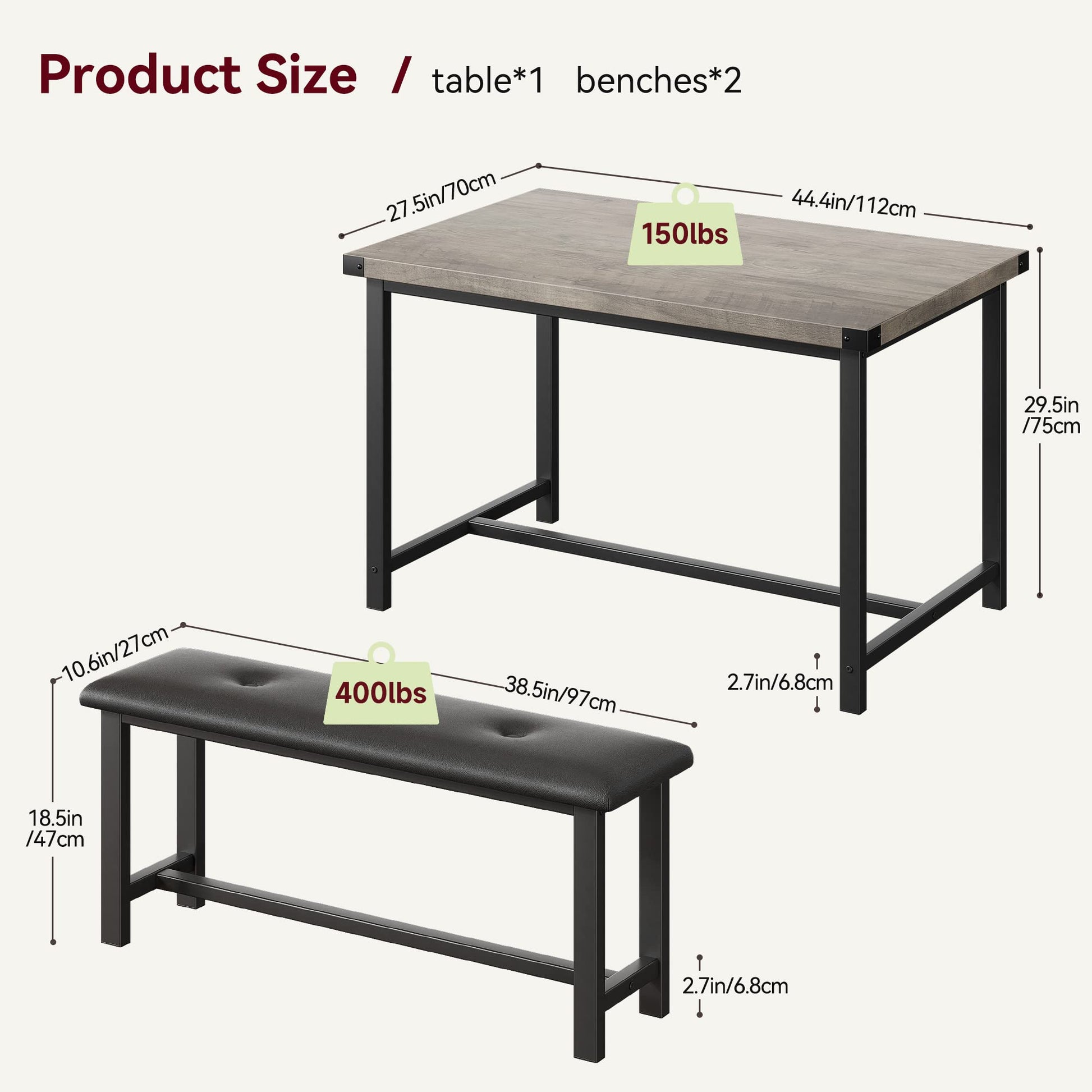 Ensemble table et chaises Garvee pour 4 personnes avec 2 banquettes rembourrées, table de cuisine rectangulaire, structure robuste en MDF et acier, gain de place, imperméable, gris rétro, idéal pour les petits espaces