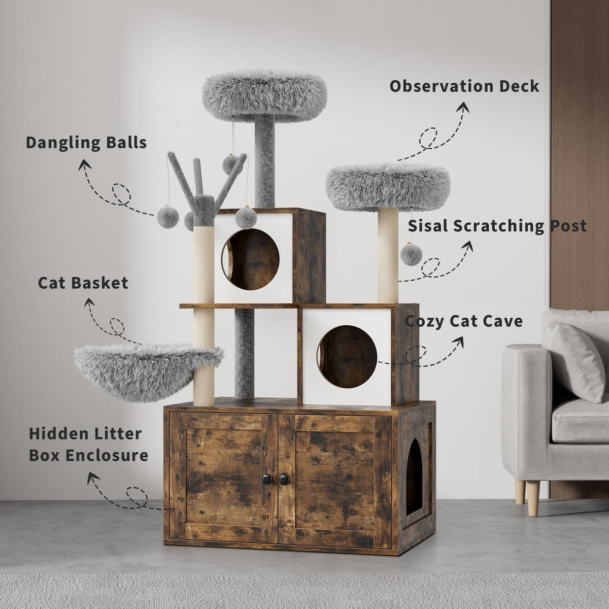 Arbre à chat Garvee 146 cm avec bac à litière intégré, maison pour chat 2 en 1, bois MDF, style moderne, gris et chêne.