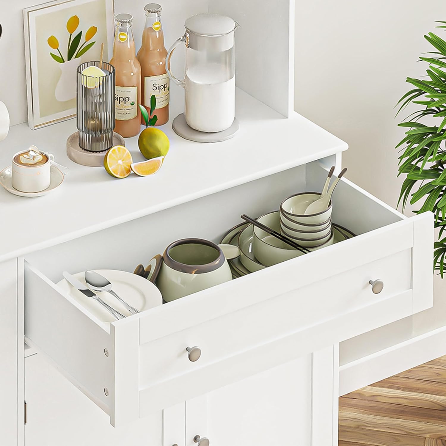 Armoire de cuisine Garvee de 18 cm de haut avec grands tiroirs, autoportante, style campagnard, finition bois blanc, pour salon et salle à manger