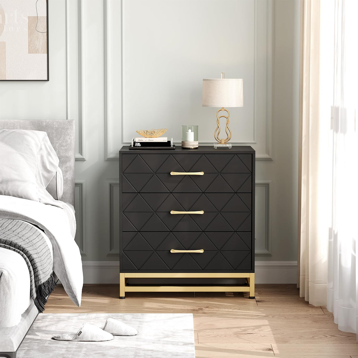 Garvee commode en bois pour chambre, 3 tiroirs, MDF, noir, moderne, robuste, gain de place, salon, couloir