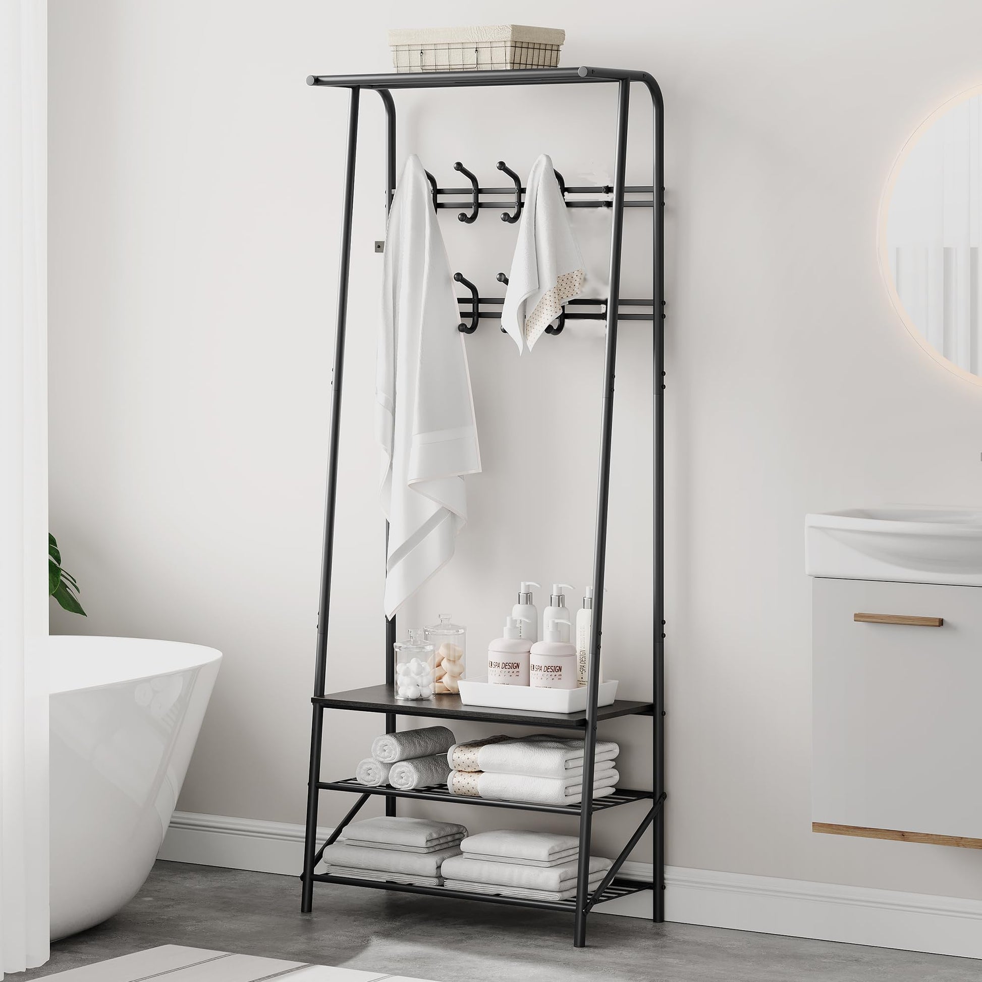 Garvee Porte-manteau et banc à chaussures 4 en 1, structure en métal et aspect bois – Rangement pour couloir, entrée et salon