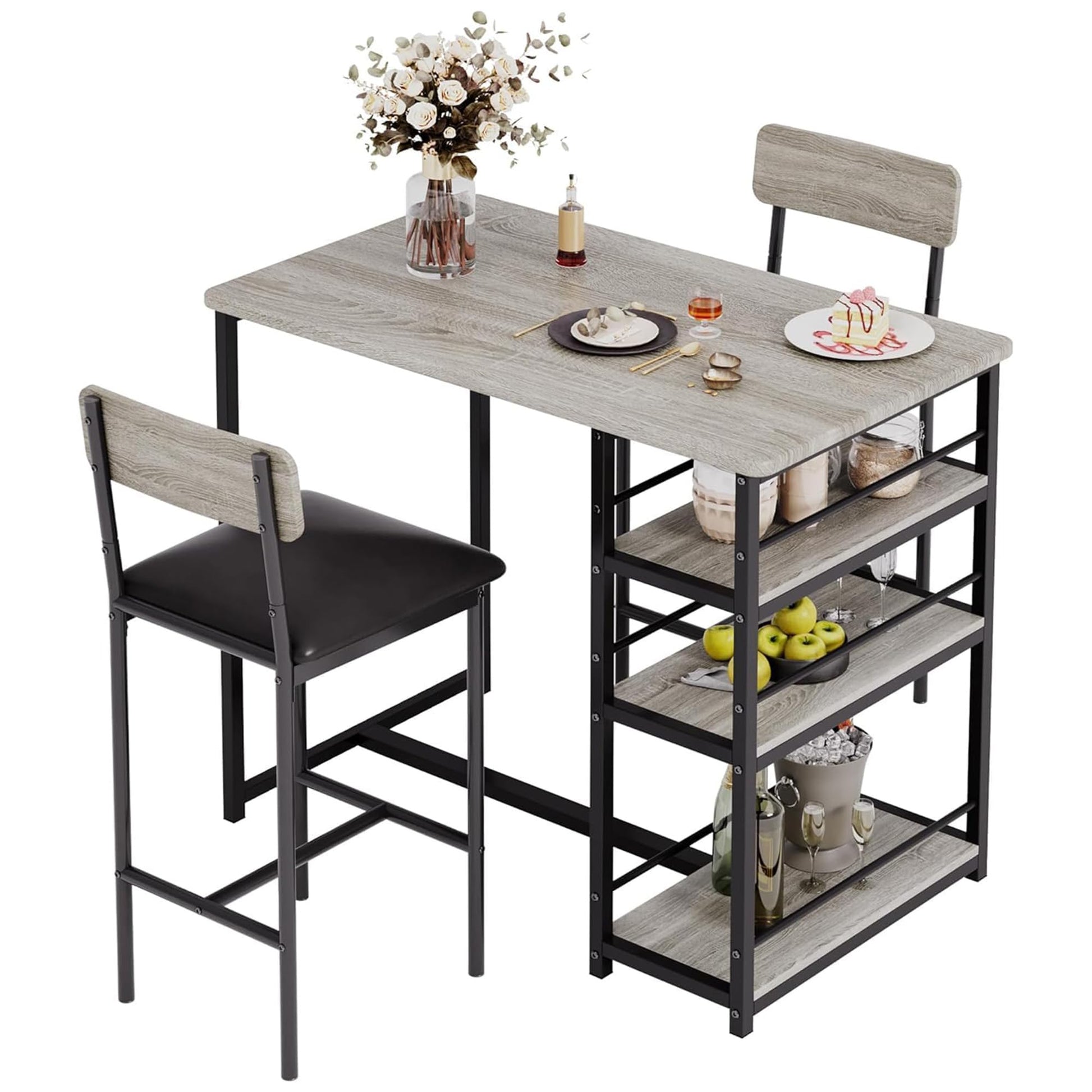 Garvee Ensemble table de bar avec 2 chaises rembourrées et 3 étagères de rangement, pour petits espaces et appartement, gris