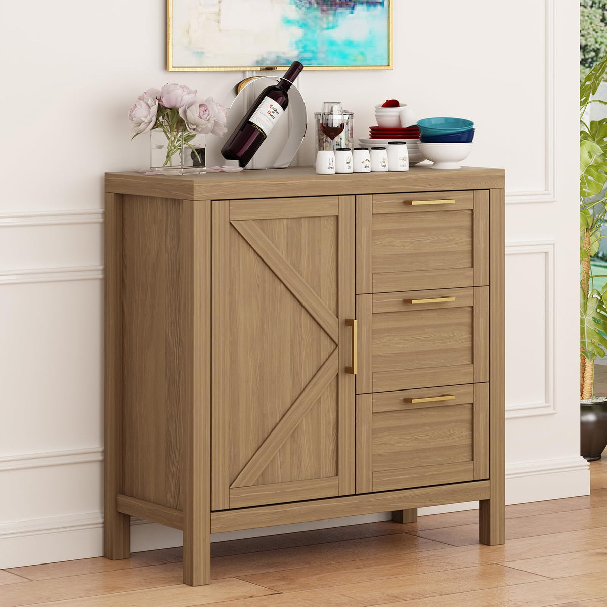 Garvee buffet avec espace de rangement, étagères réglables, MDF et bois massif, style campagne moderne, couleur or, idéal pour le salon et la cuisine