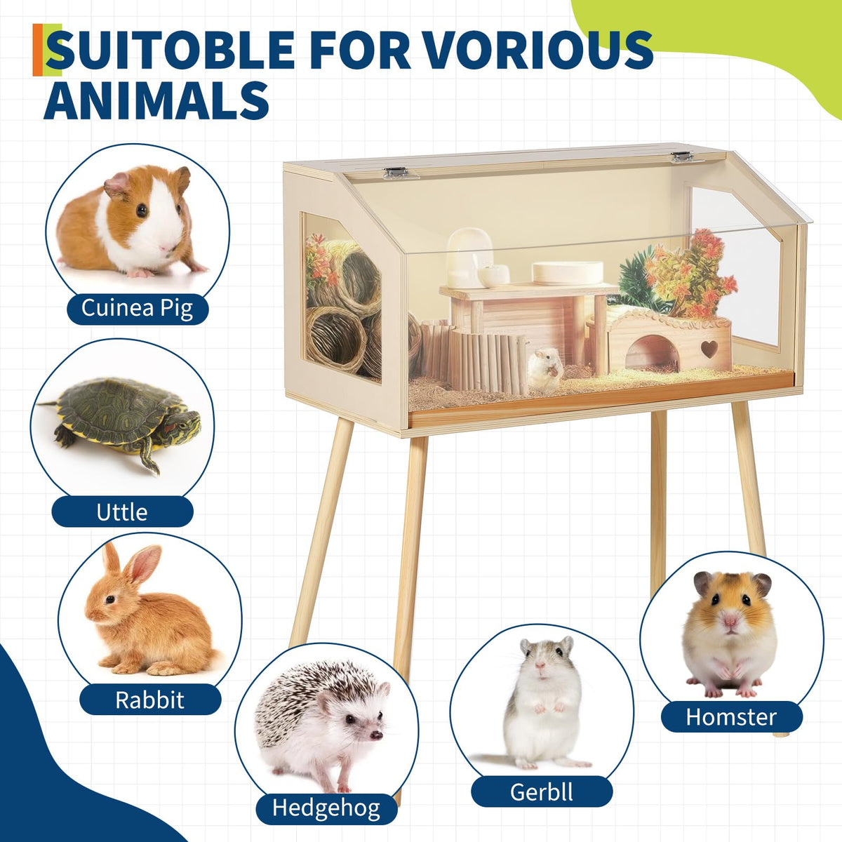 Garvee Cage pour hamsters avec pieds, grand enclos, fenêtre en acrylique anti-morsure, dessus ouvert, facile à nettoyer