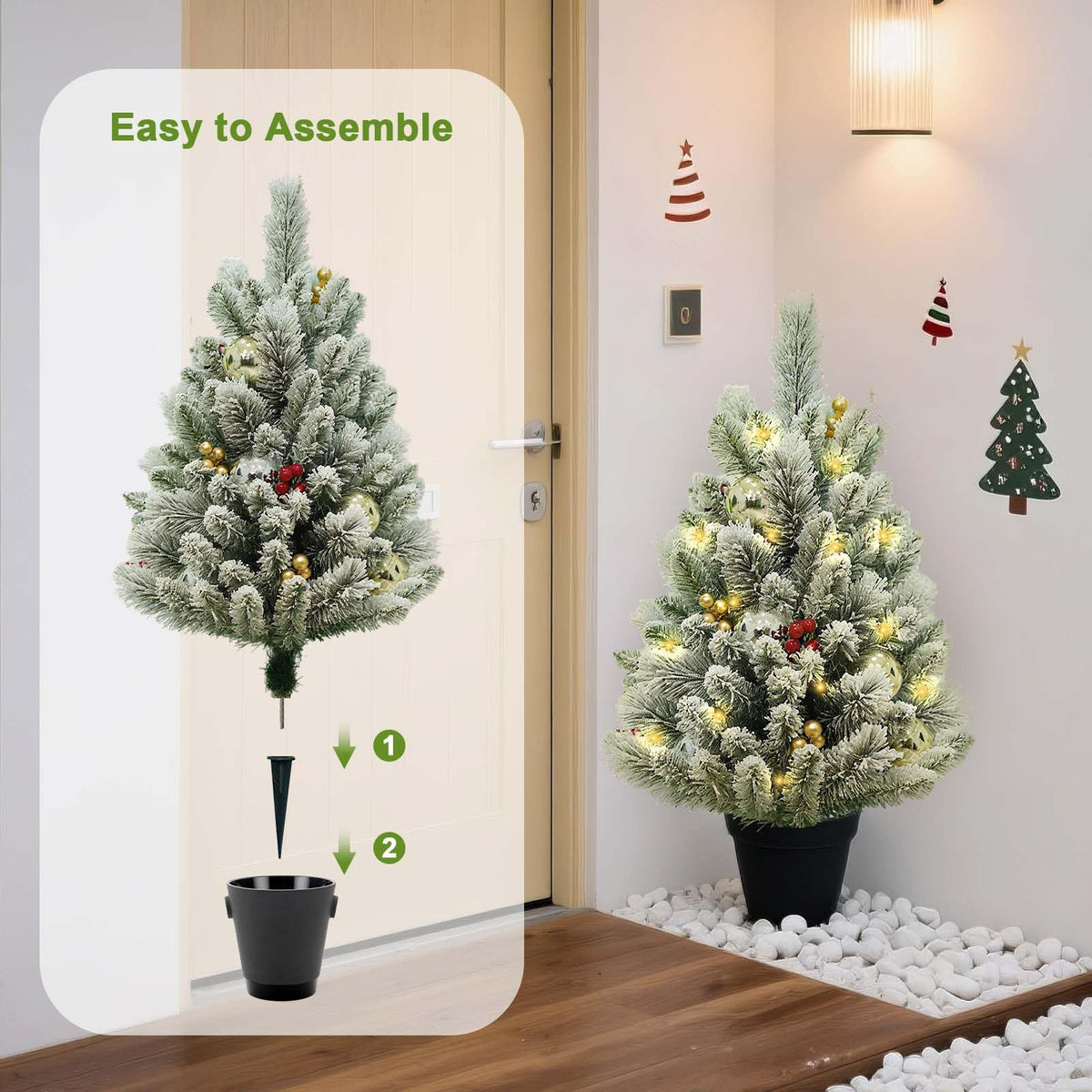 Garvee Lot de 2 sapins de Noël LED 75 cm, PVC effet neige floquée, avec baies rouges, boules dorées, décorations et lumières, pour intérieur et extérieur