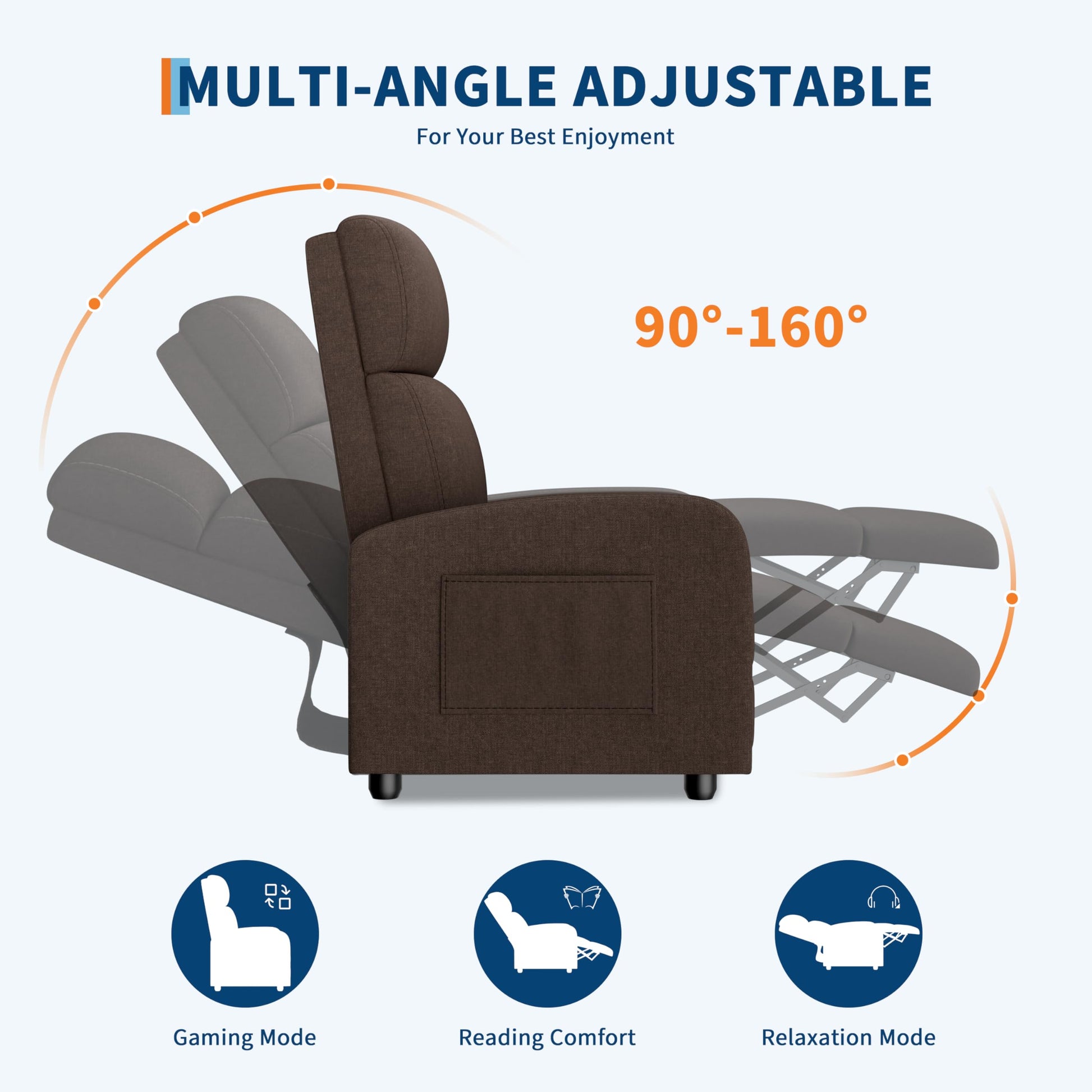 Fauteuil inclinable Garvee pour adultes, ergonomique et réglable, avec poche latérale, canapé de salon/home cinéma, dossier haut et assise rembourrée.