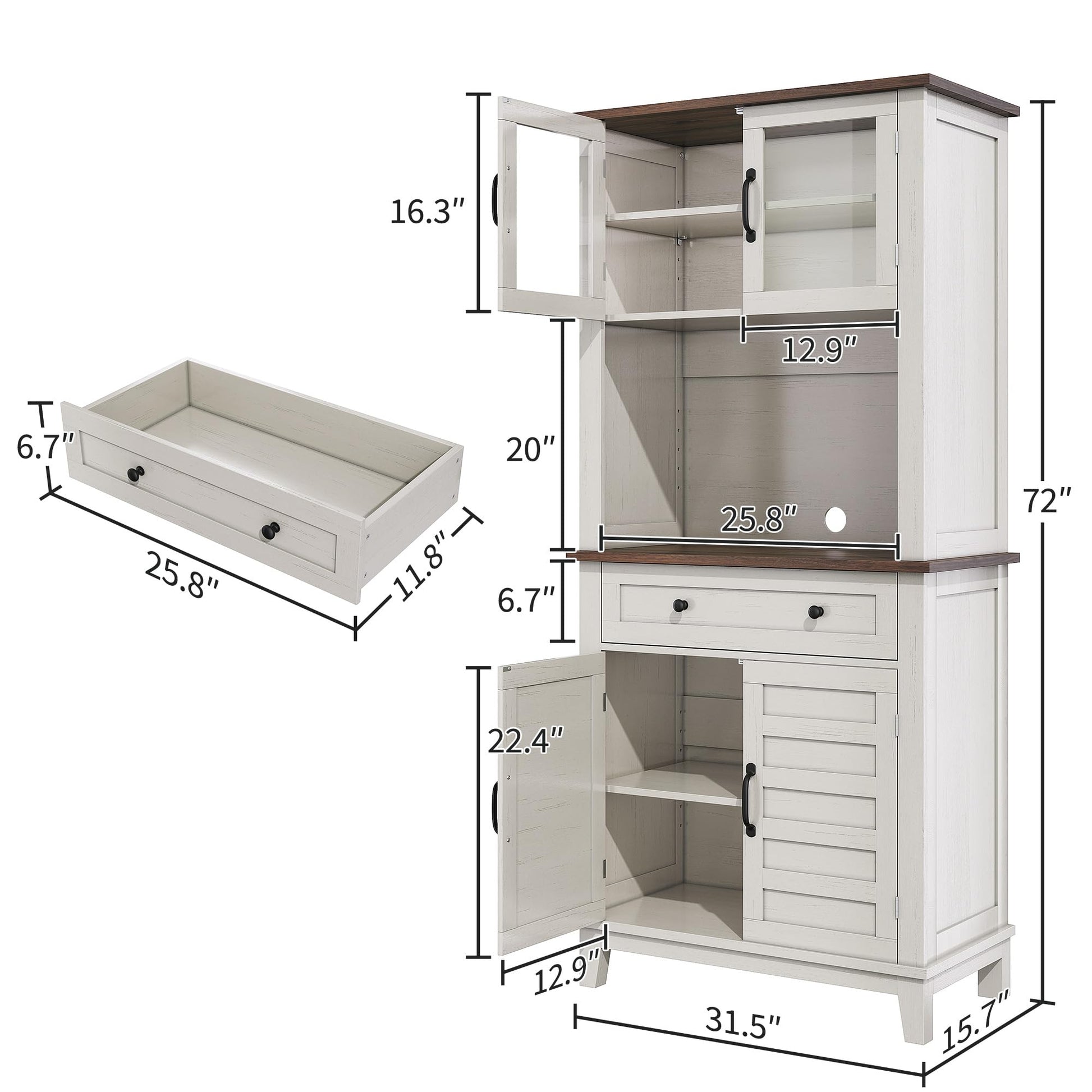 Armoire de cuisine Garvee de 183 cm de haut avec compartiment micro-ondes, espace de rangement, bois, tiroirs, portes vitrées, blanc, salle à manger