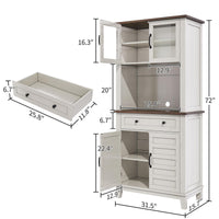 Armoire de cuisine Garvee de 183 cm de haut avec compartiment micro-ondes, espace de rangement, bois, tiroirs, portes vitrées, blanc, salle à manger