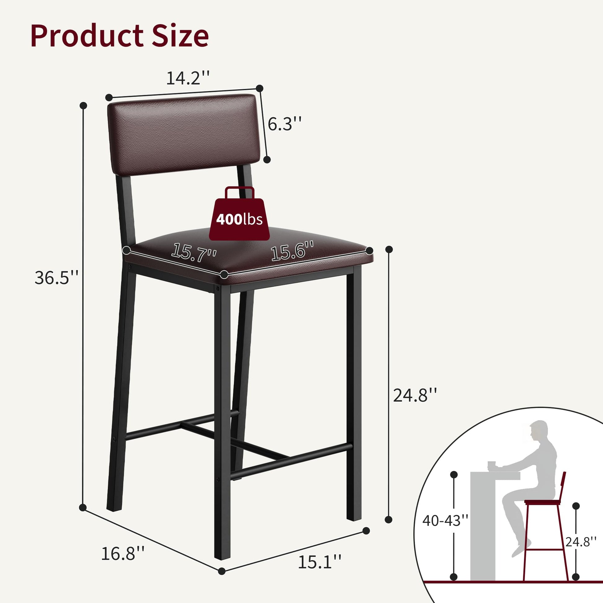 Ensemble de 2 tabourets de bar Garvee, revêtement en cuir PU, ergonomiques et stables, structure en MDF et acier, repose-pieds, marron foncé, pour salle à manger et cuisine.