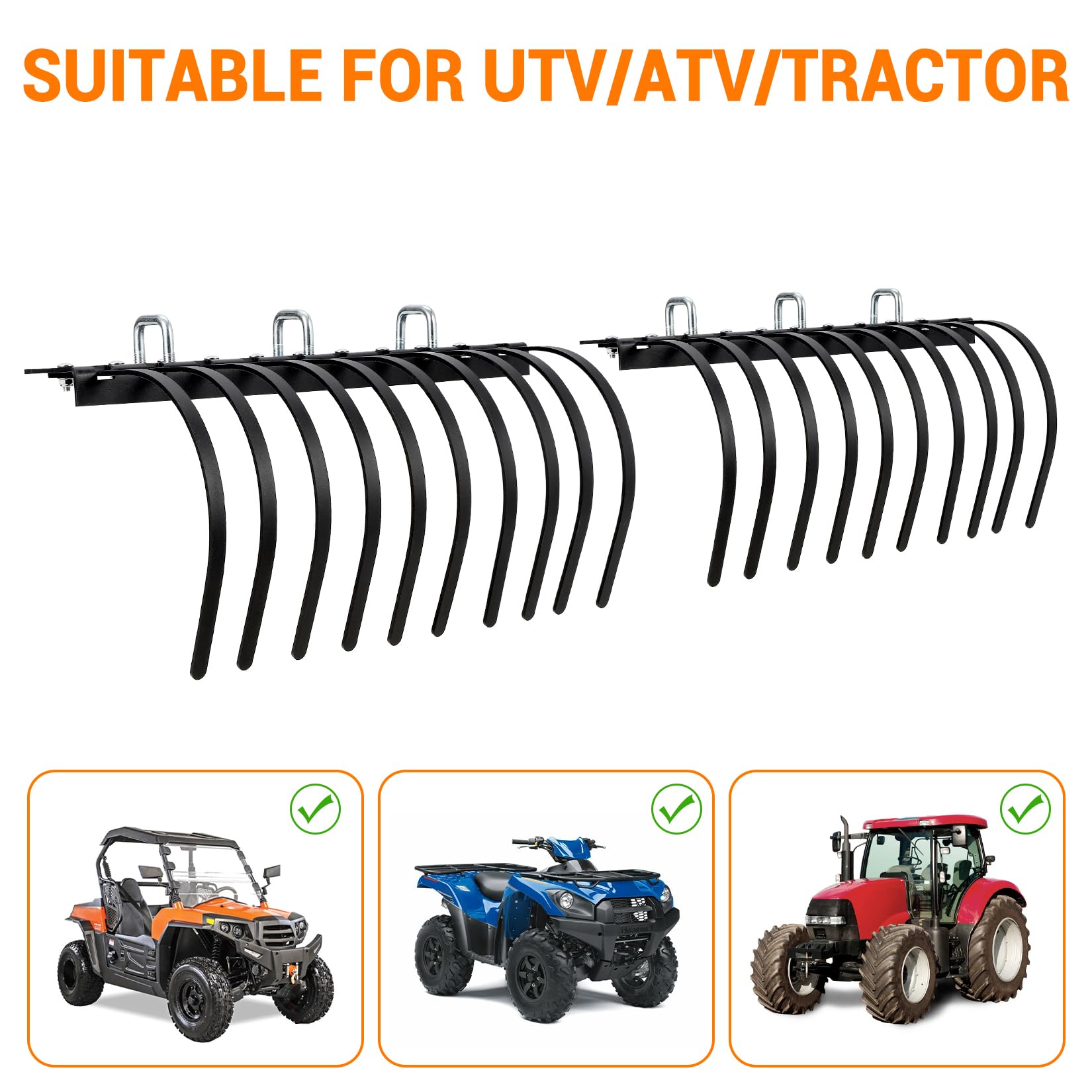 Râteau de jardin Garvee 60 pouces pour tracteur, VTT, UTV, 20 dents en acier, acier au carbone, noir, pour l'aménagement paysager