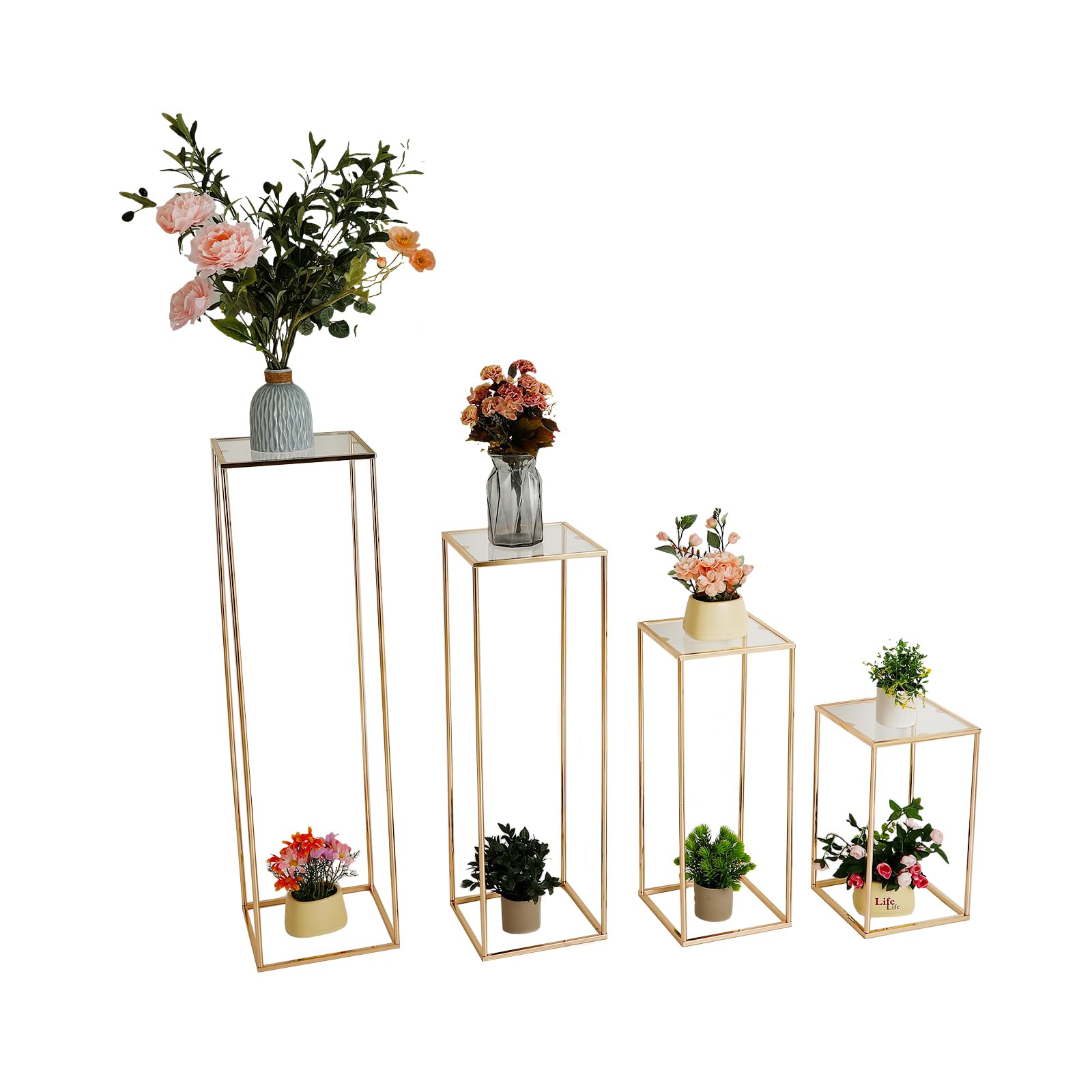 Ensemble de 4 supports à fleurs Garvee pour mariage, en acrylique laminé, design géométrique, stable, pour événements et décoration intérieure, différentes tailles, doré