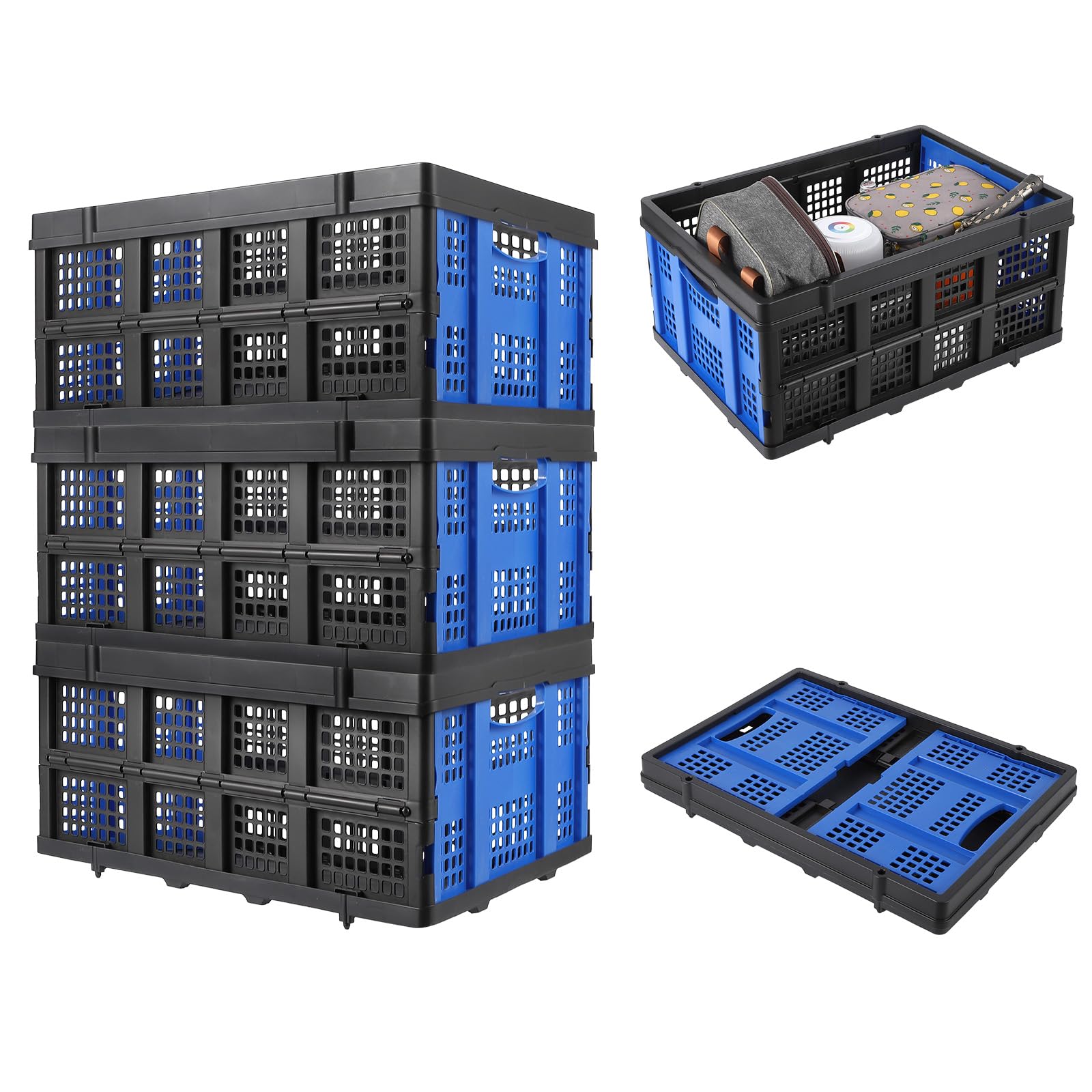 Boîte pliante professionnelle robuste Garvee avec poignées tactiles, 55 L, 40 x 56 x 26 cm, bleue - Pliable, empilable, écologique