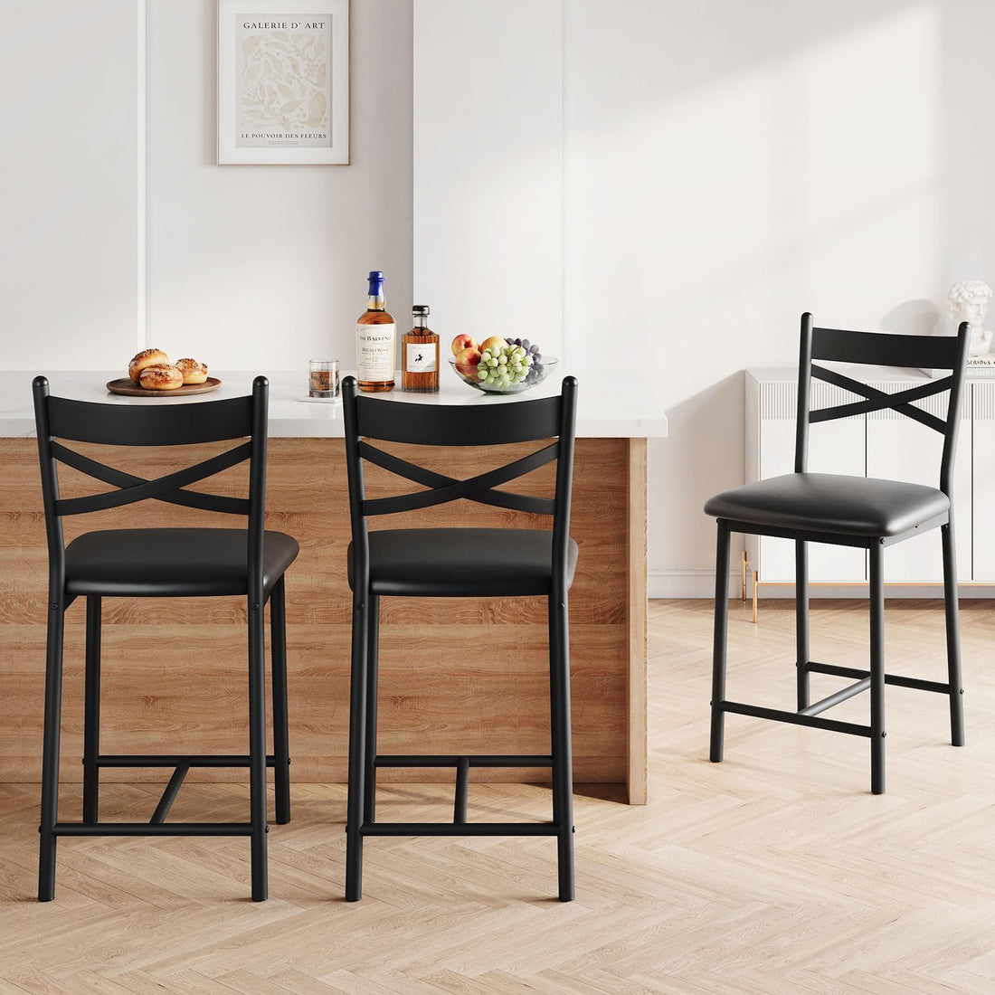 Garvee lot de 2 tabourets de bar 66 cm, structure métal, assise en polyuréthane, dossier et repose-pieds, noirs