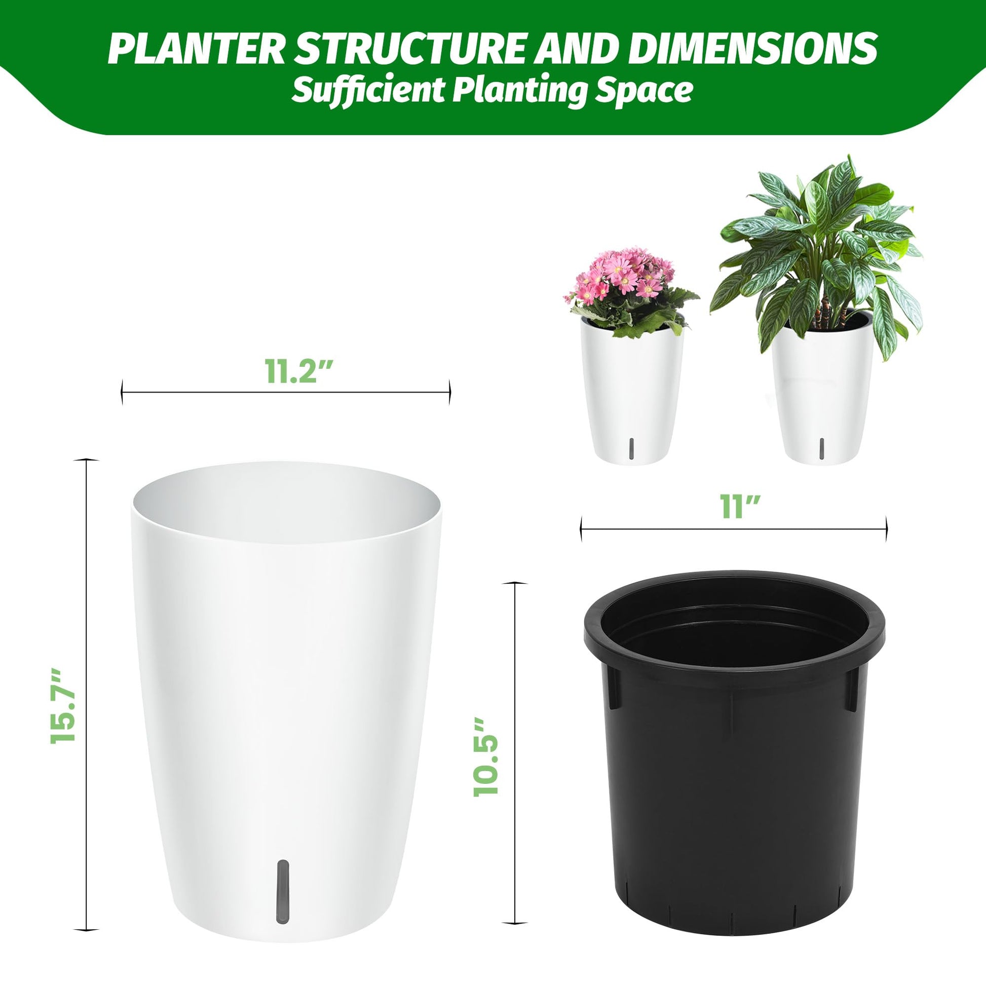 Garvee Lot de 2 jardinières à arrosage automatique de 40 cm (16 po) de haut, blanches, pour intérieur et terrasse