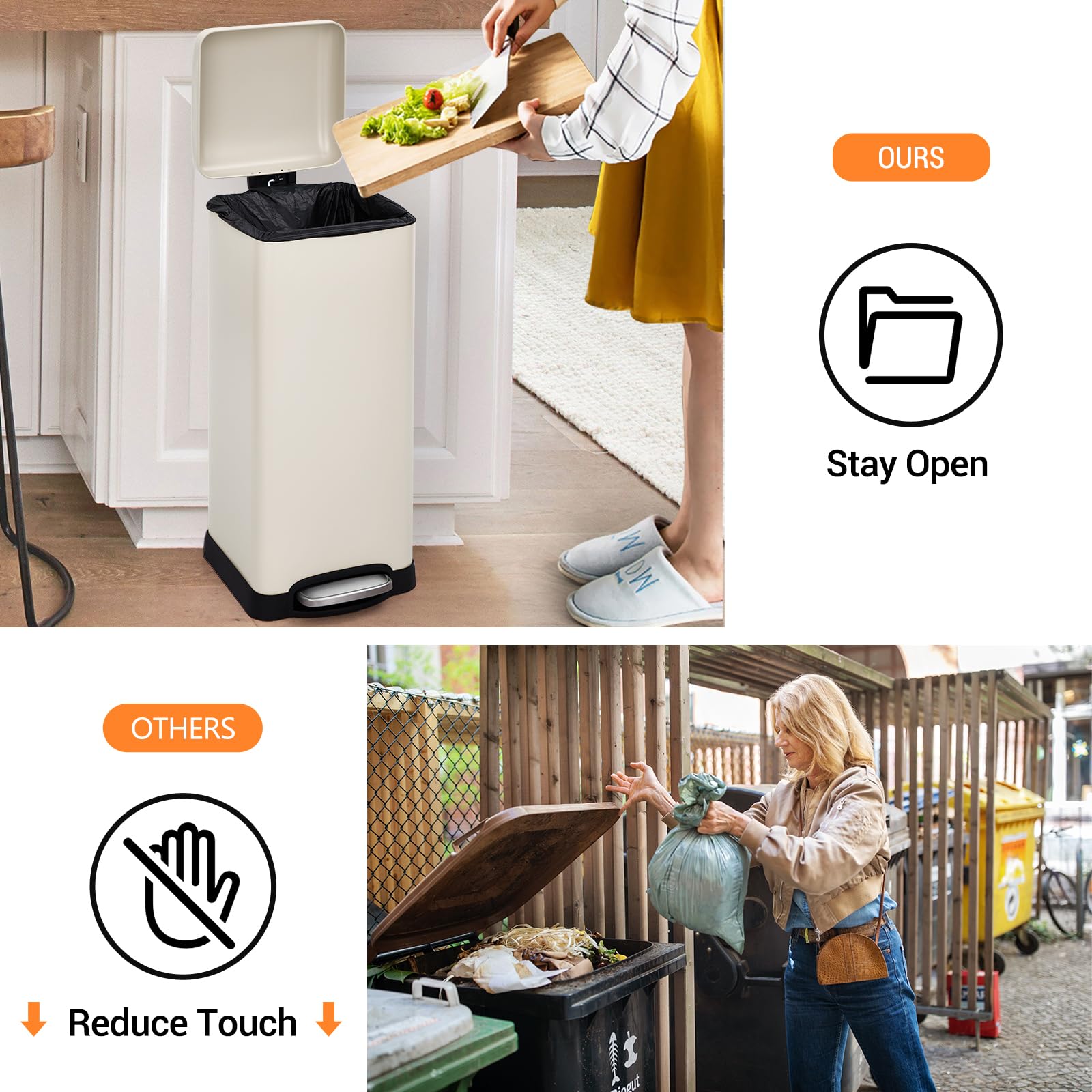 Poubelle rectangulaire Garvee 8 gal/30 L en acier inoxydable avec couvercle à fermeture douce, idéale pour la cuisine et la salle à manger. Revêtement anti-traces de doigts et seau intérieur inclus.