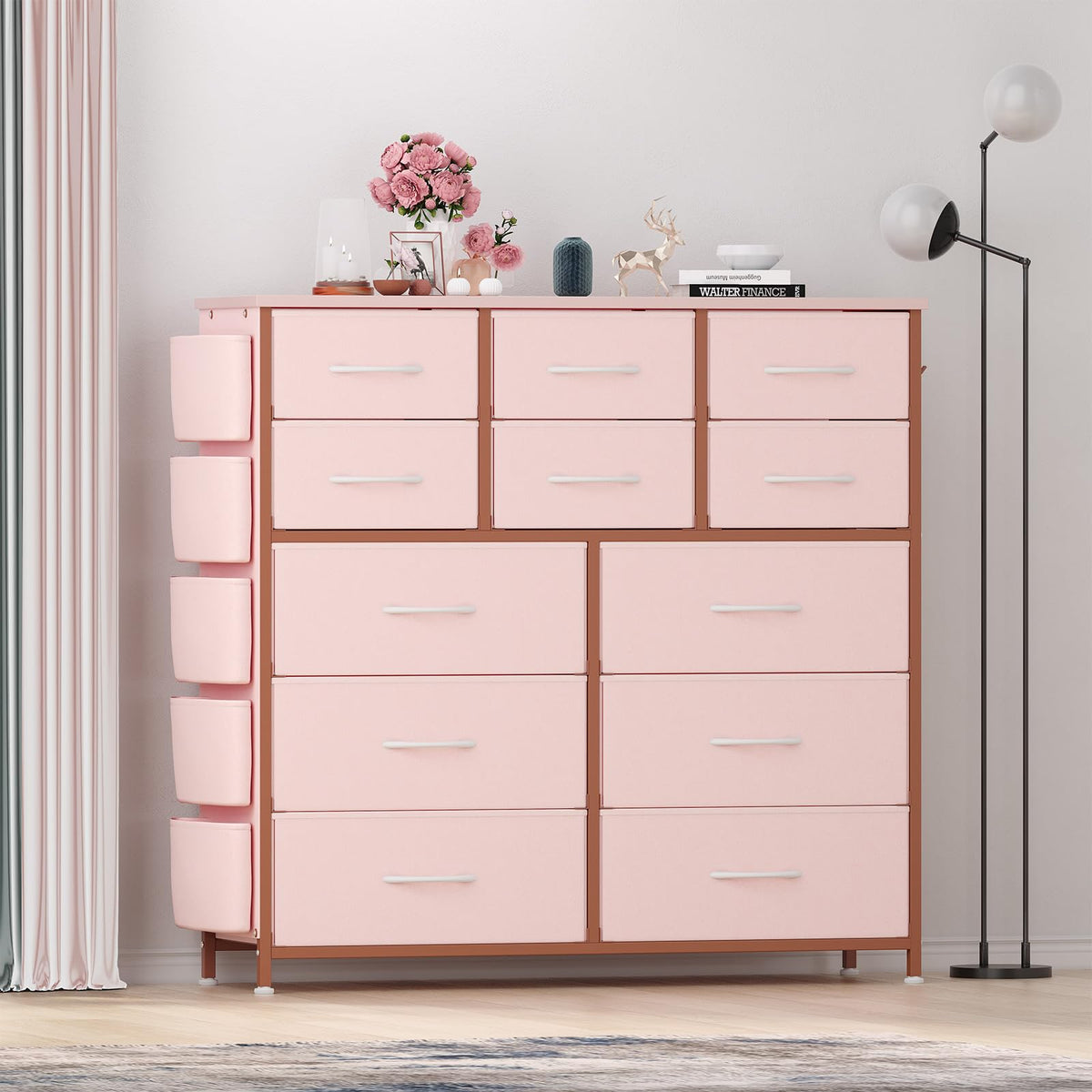 Garvee commode à 12 tiroirs, en tissu, structure en métal, plateau en bois avec poches latérales et crochets, pour la chambre, rose